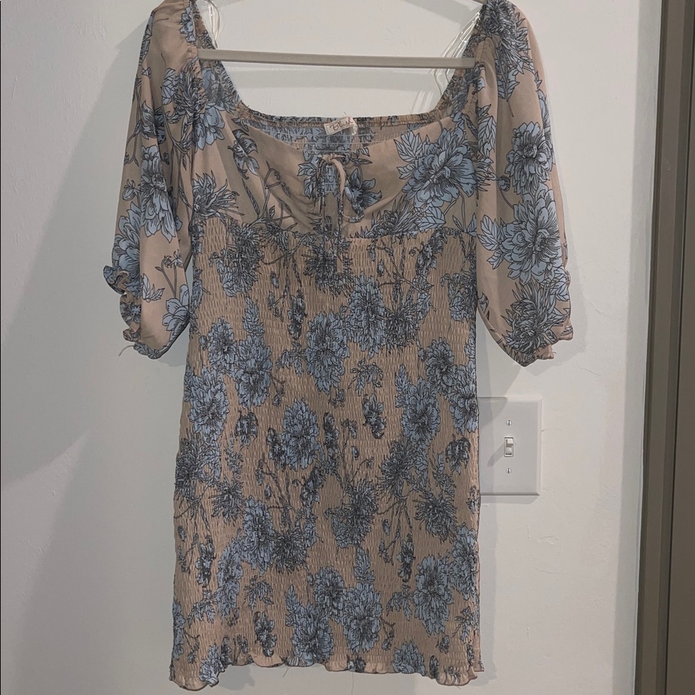 Lush Floral Puff Sleeve Mini Dress - Cream and Blue